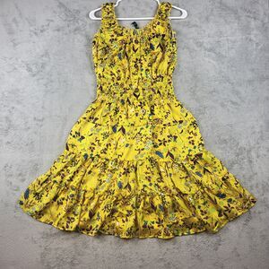 Lapis Anthropology Yellow Floral Smocked Tiered Boho Summer SunDress stretchy  M